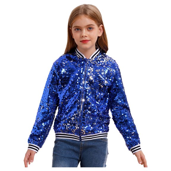 TiaoBug Kids Boys Girls Sequin Baseball Coats Zipper Up Glitter Bomber Jacket Jazz Dance Party Outerwear Royal Blue 14