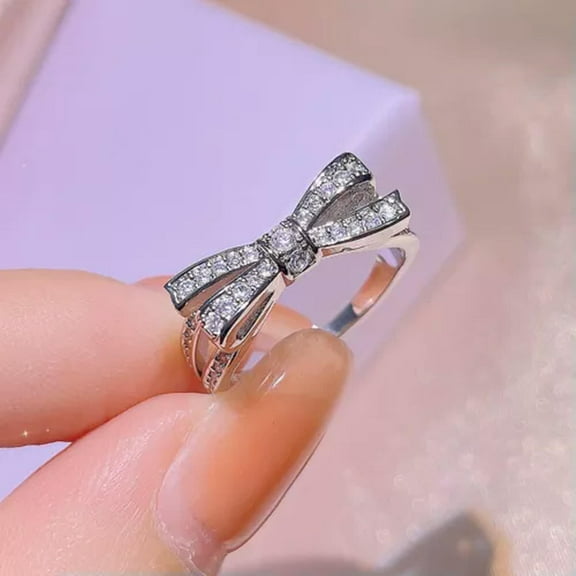 GKNET Crystal Zircon Bow 925 Sterling Silver Ring Women Fashion Delicate Jewelry Size 6-10-8