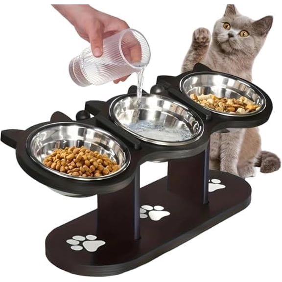 Elevated Cat Bowl Stand, 15° Tilt, 3 Stainless Steel Bowls, Adjustable Height For Indoor Cats And Small Dogs, Black