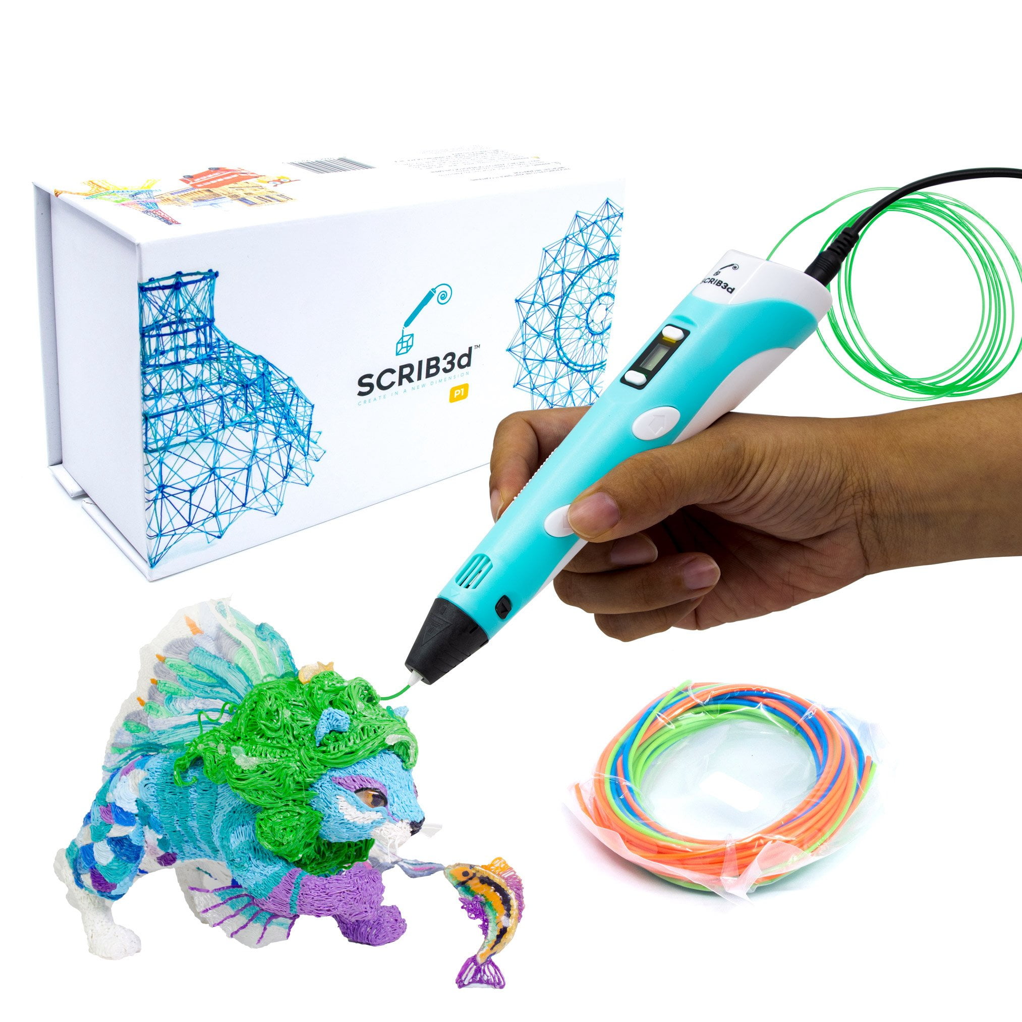 zwanger Politiebureau koepel SCRIB3D P1 3D Printing Pen with Display - Includes 3D Pen, 3 Starter Colors  of PLA Filament, Stencil Book + Project Guide, and Charger - Walmart.com