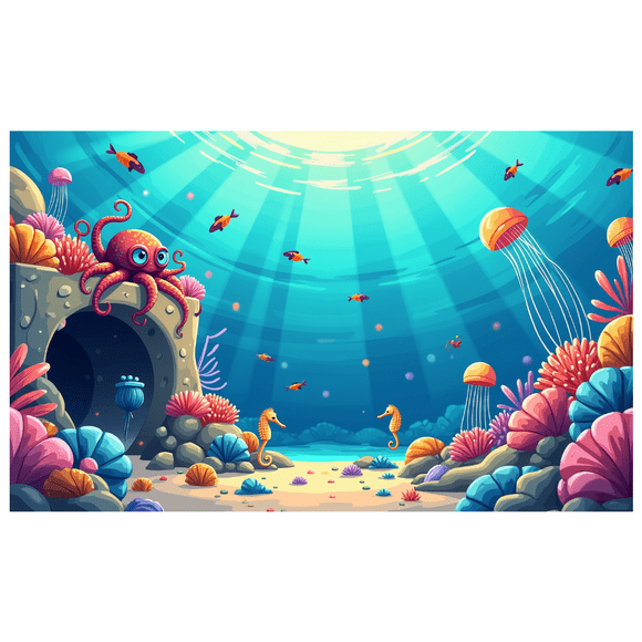 Underwater Ocean Theme Party Background Colorful Coral Sea Life Illustration Backdrop Banner Photography Durable Fabric Events Kids Birthday Decor