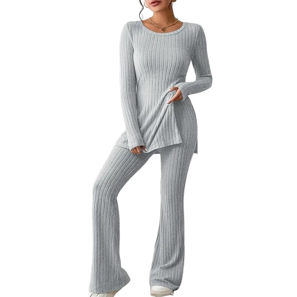Conjunto de tops con cuello redondo y pantalón de pierna ancha para mujer, trajes para el hogar sencillos y holgados (gris claro XL)