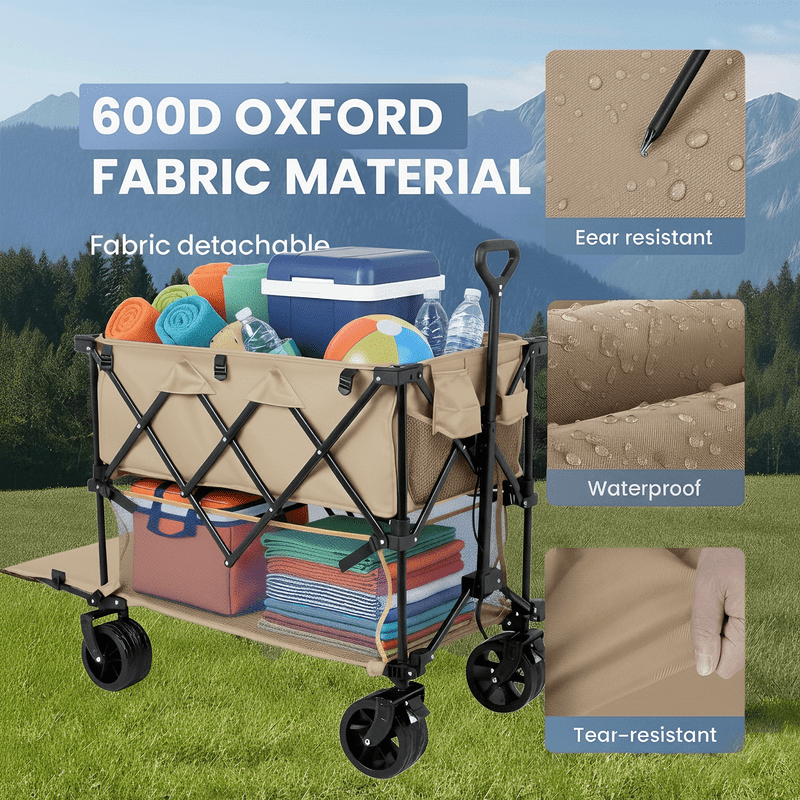 Double Decker Folding Wagon, 440lbs Heavy Duty 2 Tier Utility Cart with 320L Capacity, Collapsible Wagon with All-Terrain Wheels & Brakes for Camping, Beach, Fishing, Grocery, Gray
