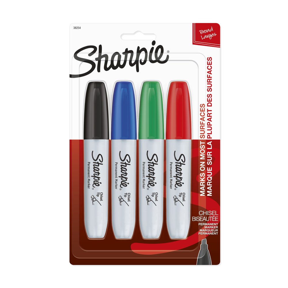Sharpie Chisel Tip Permanent Markers, Assorted Colors, 4 Count