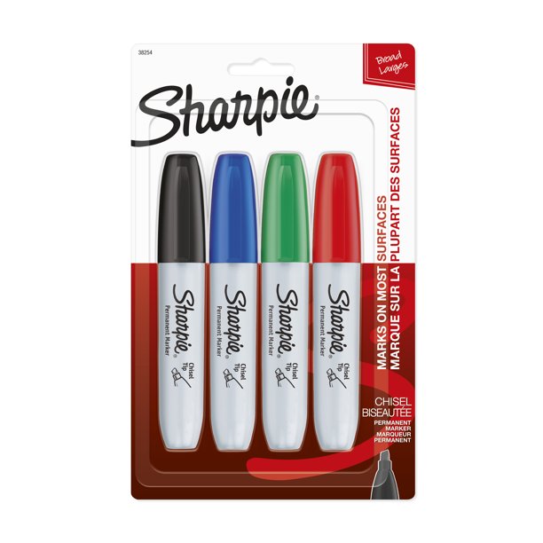Sharpie Chisel Tip Permanent Markers, Assorted Colors, 4 Count
