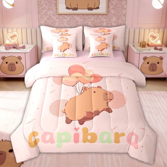 Erosebridal Cute Capybara Kids Twin Bedding Sets, Cartoon Balloon Bedding Comforter Set, Pink Reversible, 7 Pieces