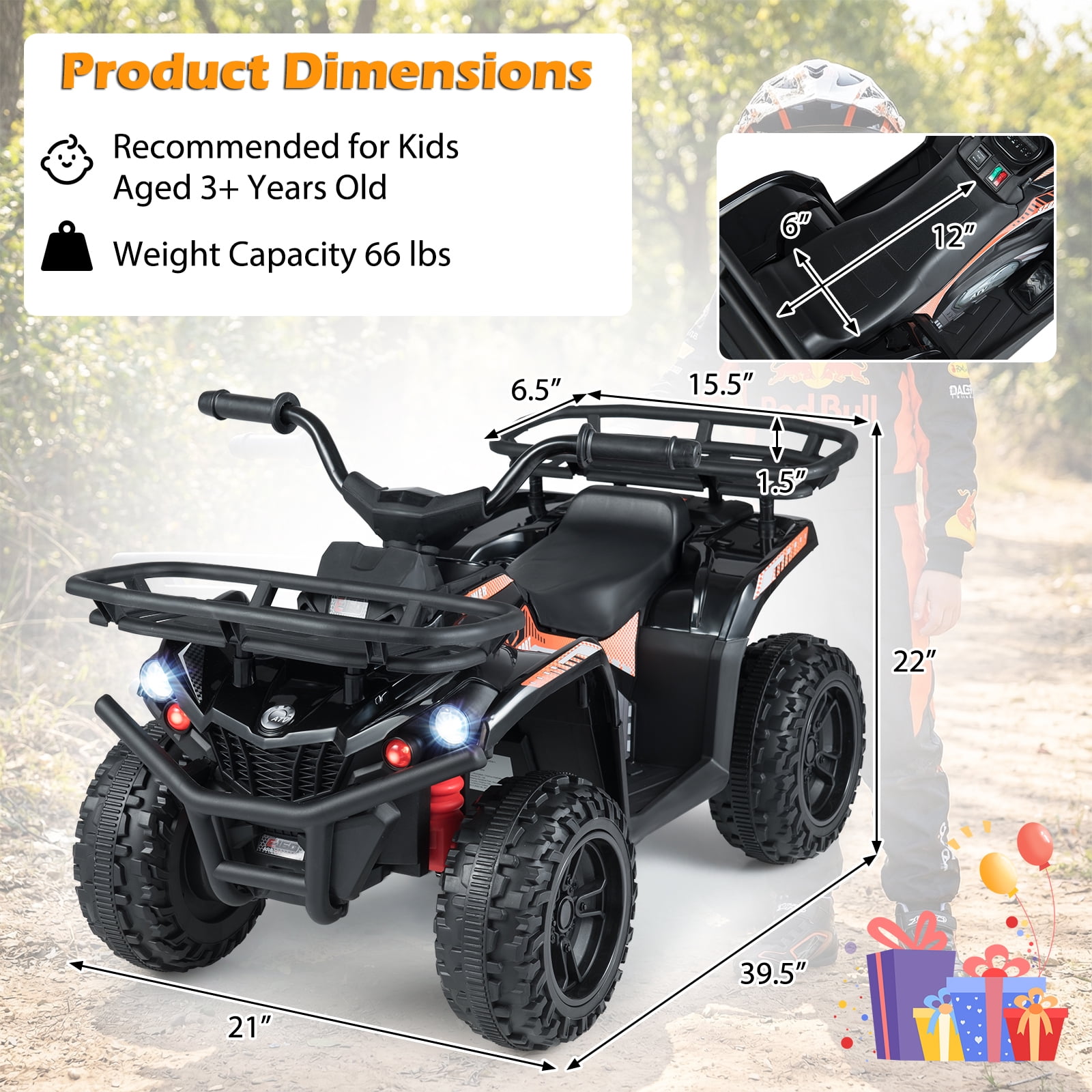 Costway Electric ATV for Kids, 24V Ride on Toy with Dual Motors & Basket, Dirt Quad Vehicle Black