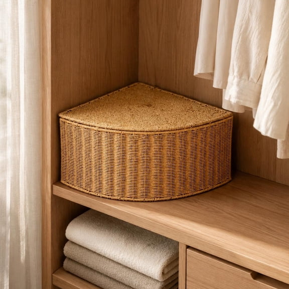 harayaa Woven Corner Storage Basket Wicker Organizer Box Fan Shaped Sturdy Textured Design with Lid for Bedroom Living Room and Den