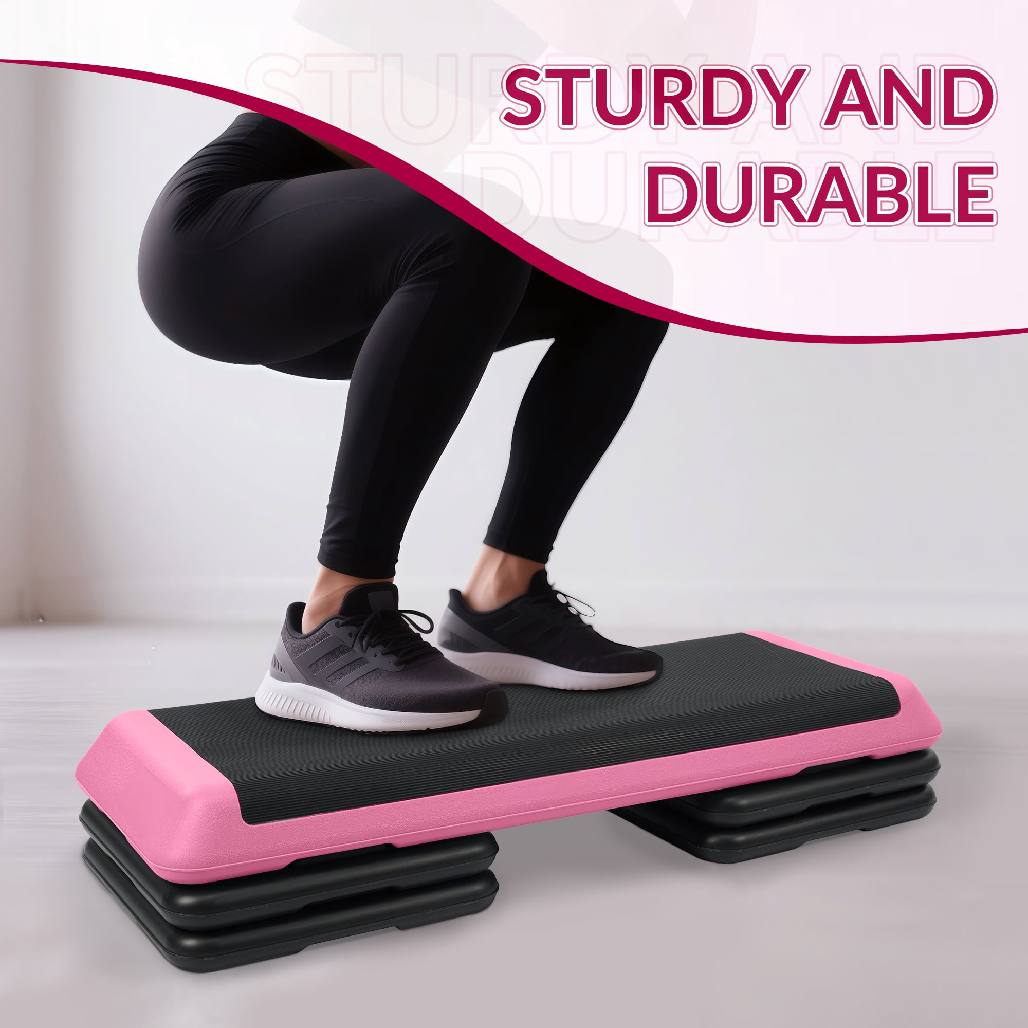 Signature Fitness Adjustable Aerobic Step Platform with 4 Risers, Non-Slip Stepper for Home Gym Workouts – 16", 28", 43", Pink/Blue/Gray