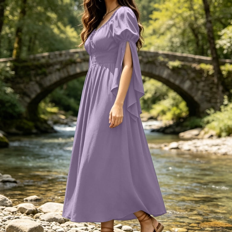 CBASIHI Womens French Vintage Chiffon Midi Dress Puff Sleeve Empire Waist Retro Elegant Victorian Cosplay Dress for Halloween Purple S