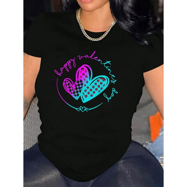 Camiseta con estampado de corazón degradado para mujer, informal, de cuello redondo y manga corta, de punto de algodón con elasticidad media, cómoda para todas las estaciones, ideal para deportes de o