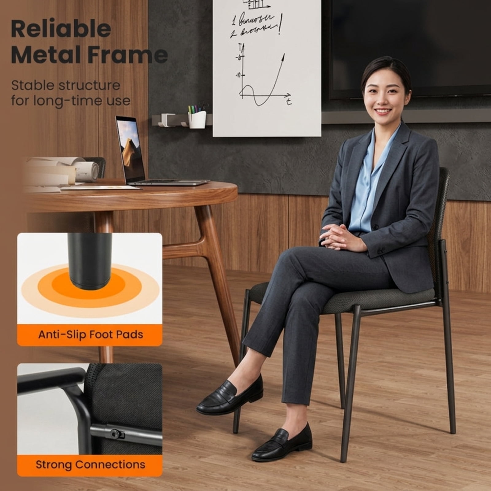Furnibear Waiting Room Chair Set of 2 with Ergonomic Mesh Backrest and Padded Seat for Office Reception and Conference Room, Black