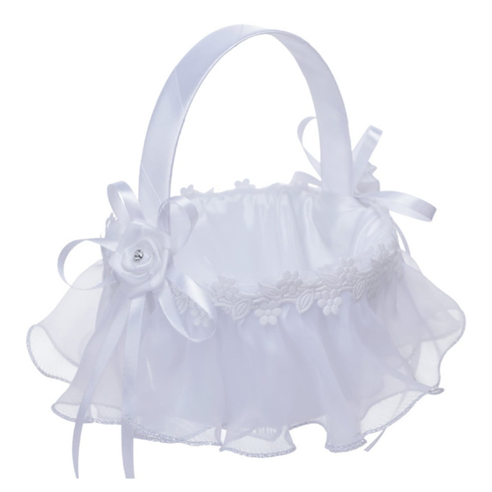 White Satin Bowknot Lace Trim Flower Girl Basket for Wedding Ceremony Prom 