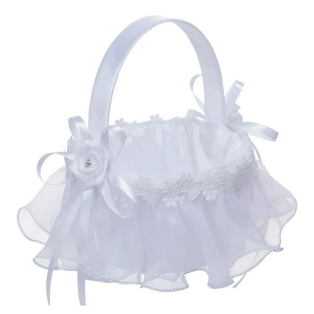 Flower Girl Basket White Lace Satin Bowknot Decor Handle Wedding Flower ...