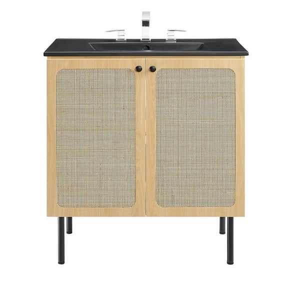 Modway Chaucer 30" Wood & Rattan Bathroom Vanity in Oak/Black
