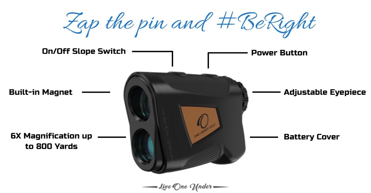 Golf Rangefinder by One Under Golf- Sleek Design with Built In Magnet Locks on Cart Rail, Slope Compensation ON/Off, Jolt Vibration + Flag Lock Technology, 6X Magnification up to 800yds (Black)