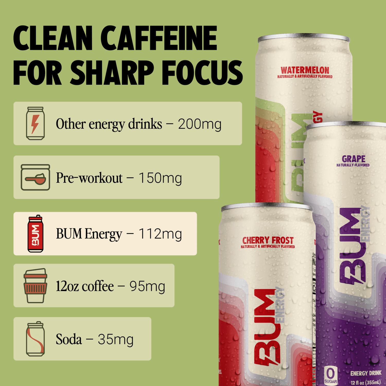 Bum Energy Fruit Pack Energy Drink, 112 mg Natural Caffeine, 12 fl oz, 12 Pack