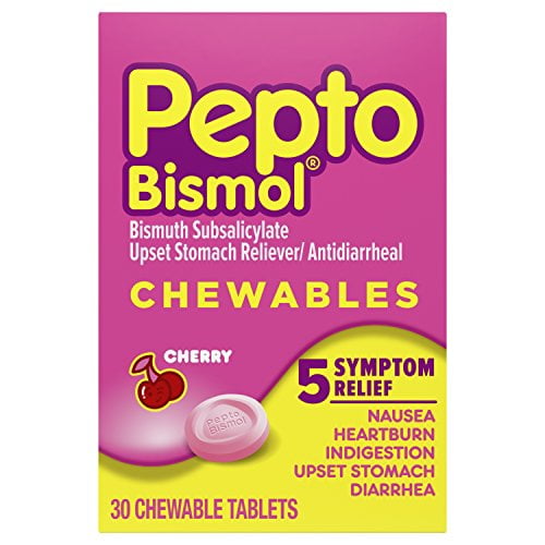 Pepto Bismol Chewables, Upset Stomach Relief, Bismuth Subsalicylate, Multi-Sympton Relief of Gas, Nausea, Heartburn, Indigestion, Upset Diarrhea, Cherry Flavor, 30 Tablets