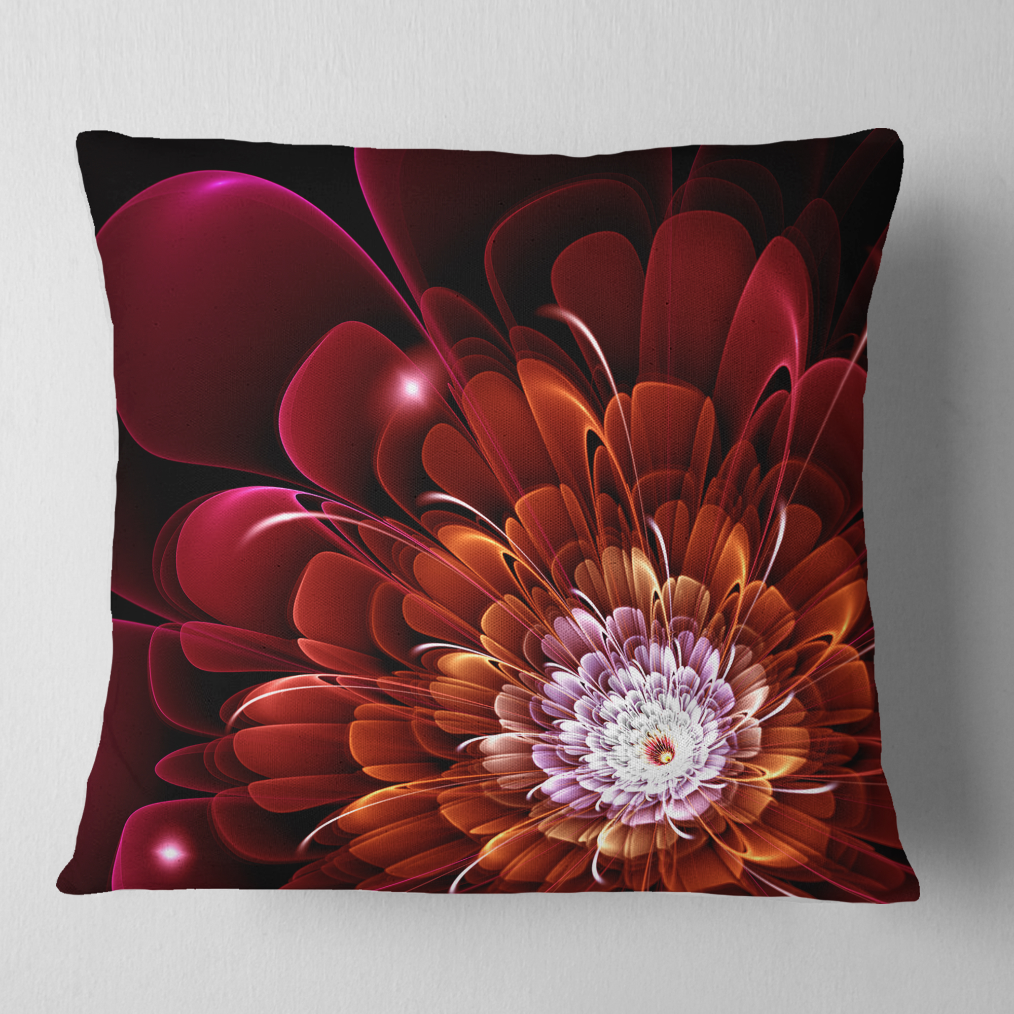 Designart Fractal Red and Yellow Flower - Floral Throw Pillow - 16x16