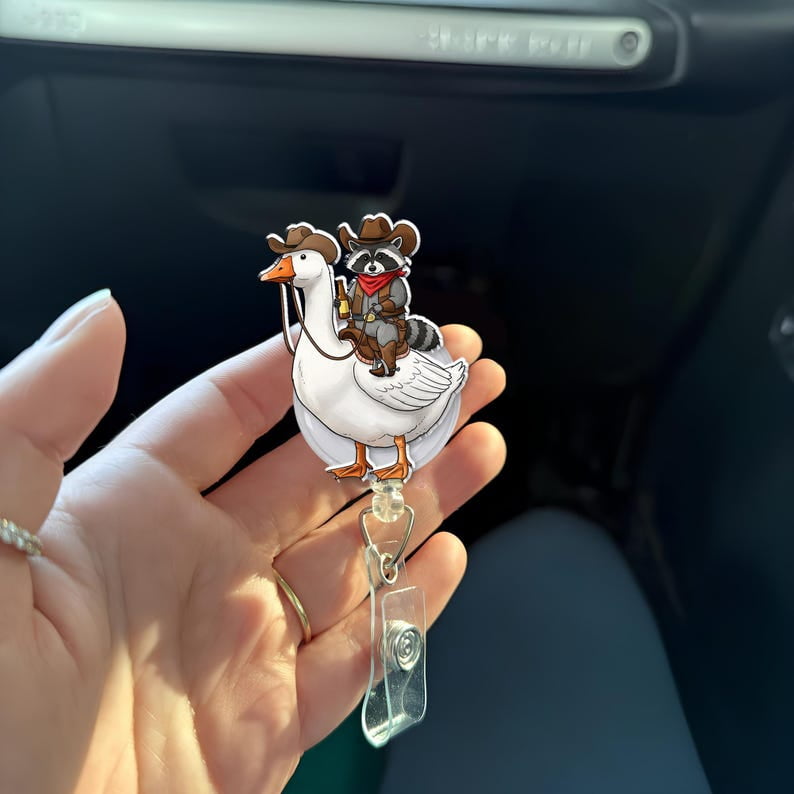 ViciArt Cowboy Raccoon Goose Badge Reel, Acrylic Retractable ID Holder, Western Animal Nurse Clip