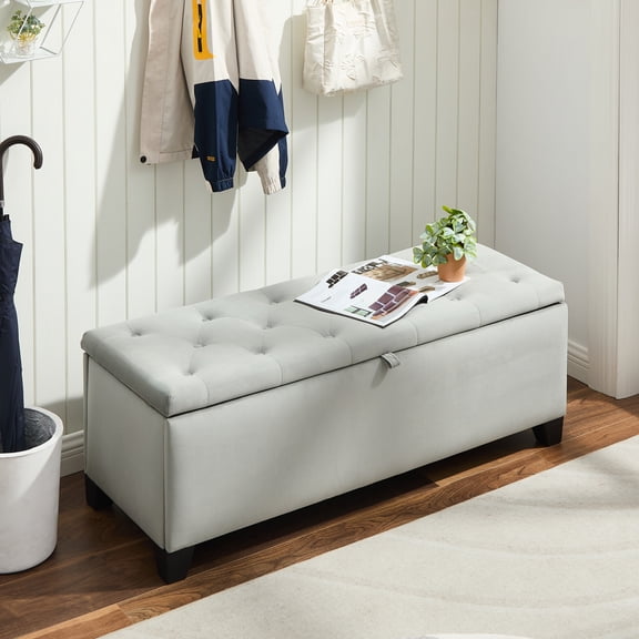Knubmt Velvet Upholstered Storage Bench with Wood Legs, Rectangle Footstool Ottoman for Entryway, Bedroom, Living Room, Gray