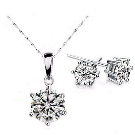 CLEARANCE - Splendid Solitaires Round IOBI Crystals 2CT Necklace and 1CT Earrings Set 18K White Gold