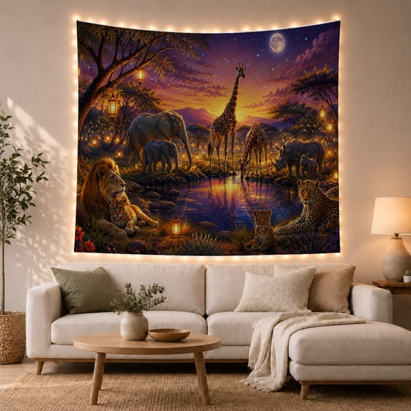 African Wildlife at Watering Hole, Magical Twilight Savanna Scene, Serene Fantasy for Nature Lovers, Safari Wall Art, Housewarming Gift Tapestry Wall Hanging for Bedroom, Living Room and Dorm