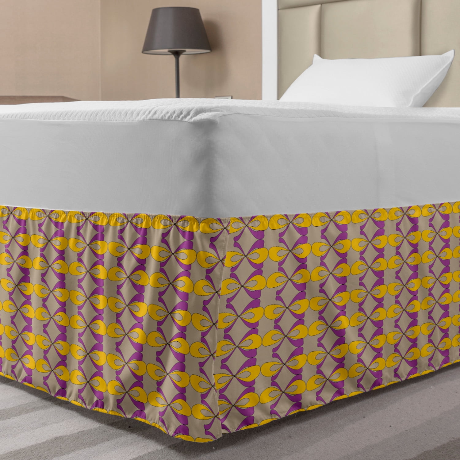 Abstract Bed Skirt, Quirky Modern Scrolling Bows Pattern Ornamental