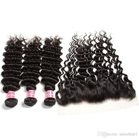 UNice Hair Remy Malaysian Deep Wave Bundles With Frontal Free Part Lace Frontal With Bundle Virgin Human Hair Weaves, (Best Deep Wave Weave)