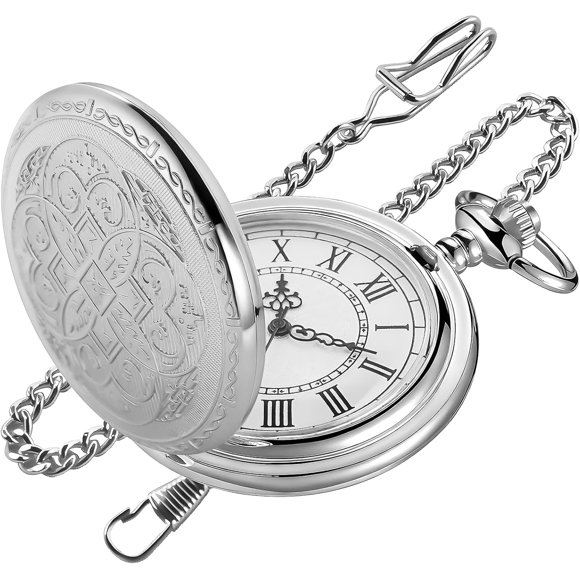 Tiong Vintage Ornate Engraved Pocket Watch with Chain Roman Numeral Scale Quartz Pocket Watches for Men Christmas Gifts