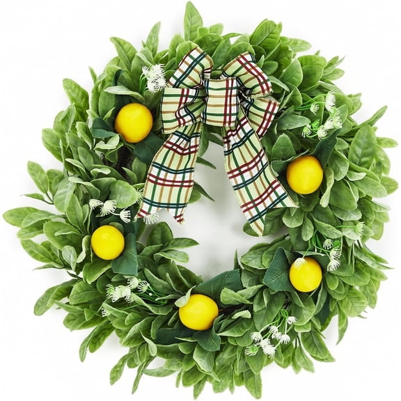 20 inch Artificial Lemon Wreath for Front Door Green Leaves Wreath with Lamb Ear Leaves & Bow Spring Summer for Wall Window Party Decor