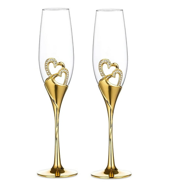 Glasseam Wedding Champagne Flutes Set of 2 Gold Toasting Glasses for