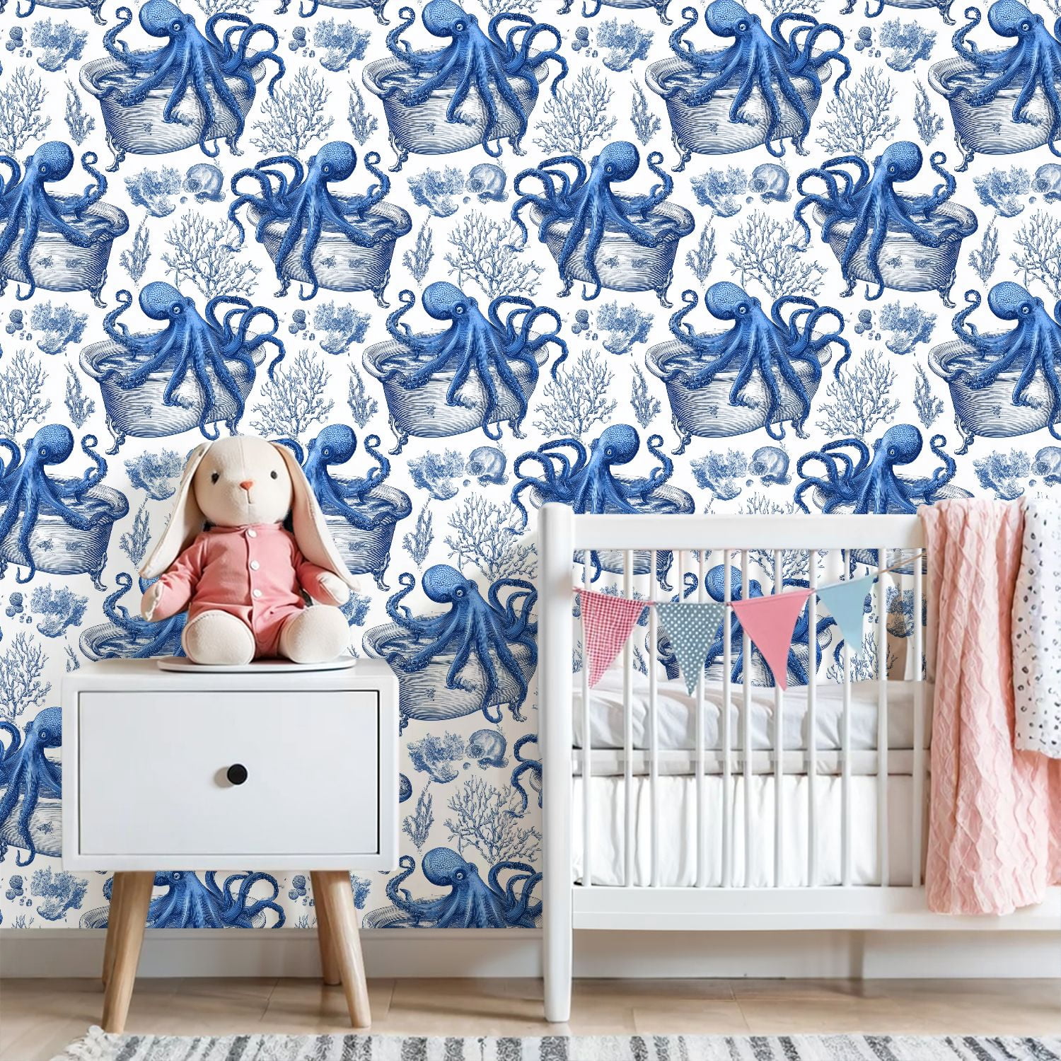Peel and Stick Wallpaper Octopus Blue Vintage Engraving Marine Style Wall Mural 23.6in x 9.8ft Self Adhesive Removable Wall Paper Renter Friendly Wallpaper for Nursery Bedroom Cabinets
