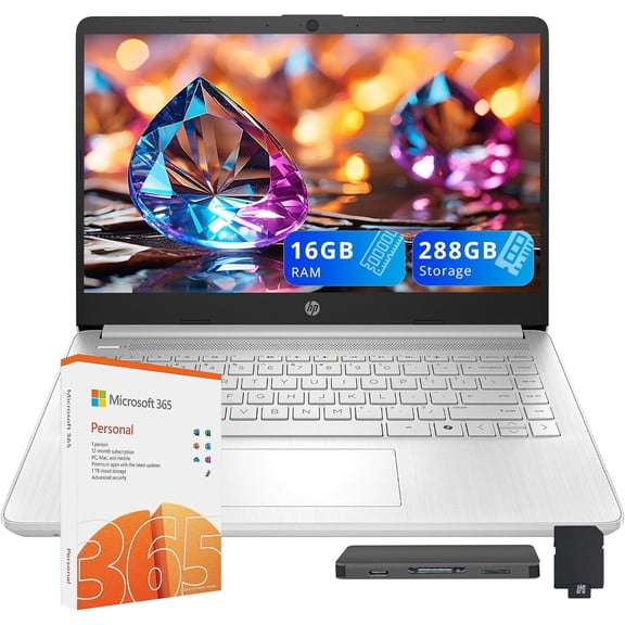 HP 14" HD Anti-Glare Laptop, Intel Processor N150, 16GB RAM, 288GB Storage(128GB SSD 160GB Docking Station Set), Intel Graphics, 1 Year Office 365, Fast Charge, Wi-Fi 6, Win 11 S, Silver