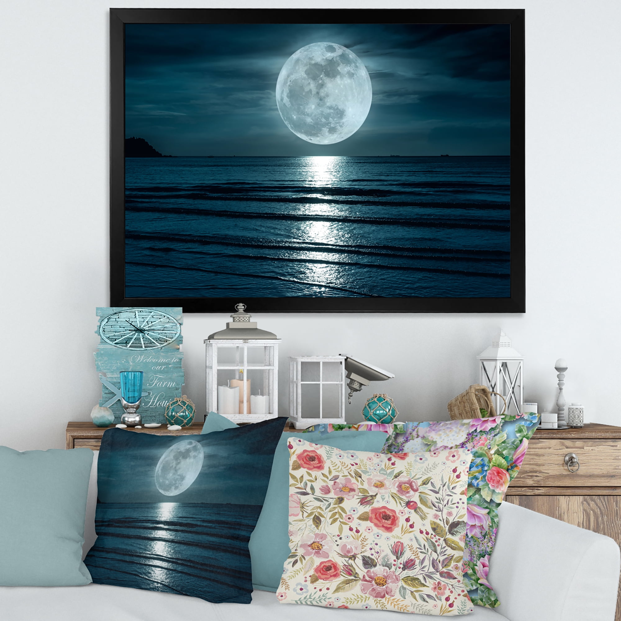Designart 'Super Full Moon Over The Sea I' Modern Framed Art Print