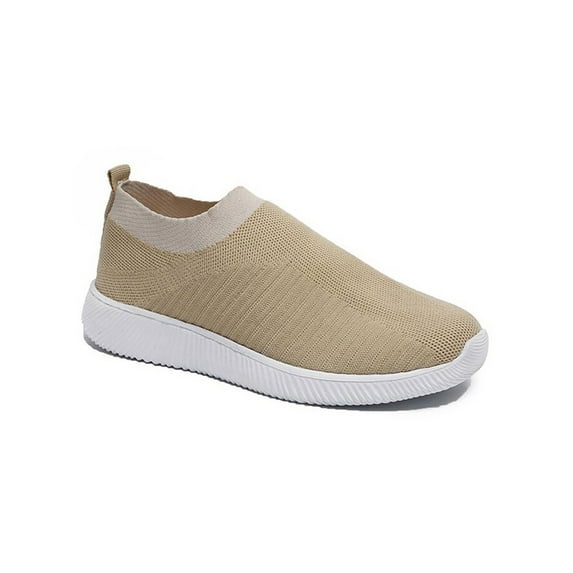 SIMANLAN Slip On Sneakers Women White Fashion Shoes Wide Width Mesh Knit Walking Non Slip Shoes Khaki 8.5