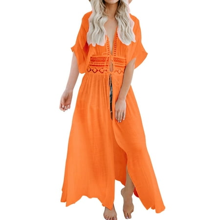 Fancyinn Womens Long Beach Coverups Bikini Cardigan Female Swimsuit Summer Flowy Dress Beachwear Orange Xs