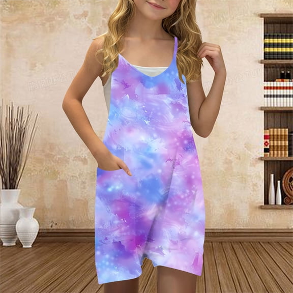 Danhjin Girls Summer Romper Kids Sleeveless Casual Spaghetti Strap Short Jumpsuit Loose Graphic Cute Comfy Romper with Pockets