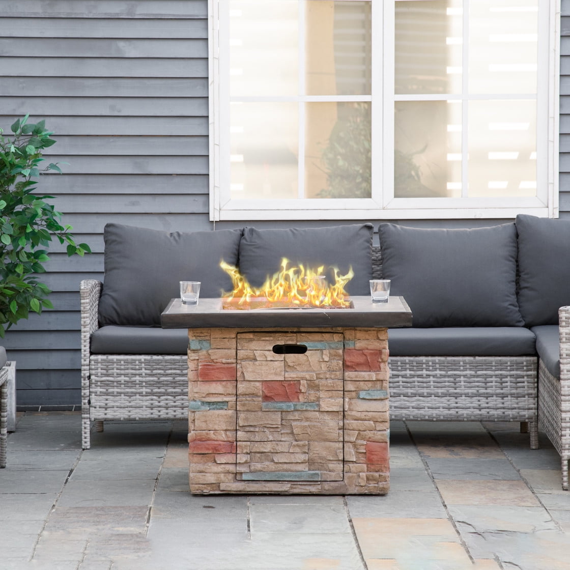 Outdoor Propane Gas Fire Pit Table 32 Inch Square 50,000 BTU Auto-Ignition Faux Stone Firepit with Lava Rocks Waterproof Cover CSA Certified Brown Patio Heater