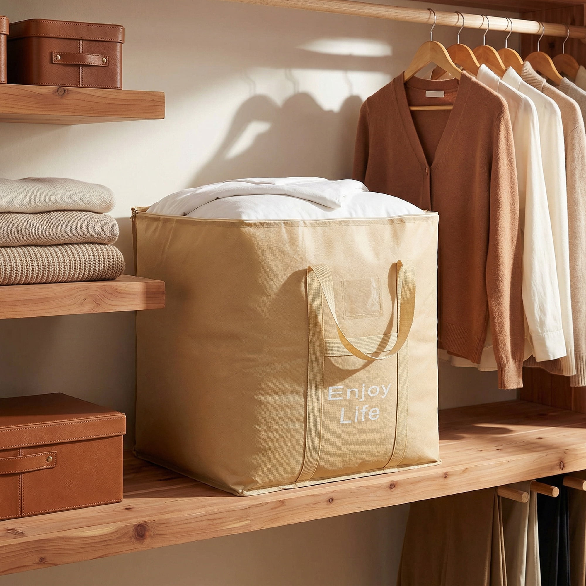 Unique Bargains Foldable Storage Bags for Storing Clothing Light Brown 19.7"x15.7"x19.7"