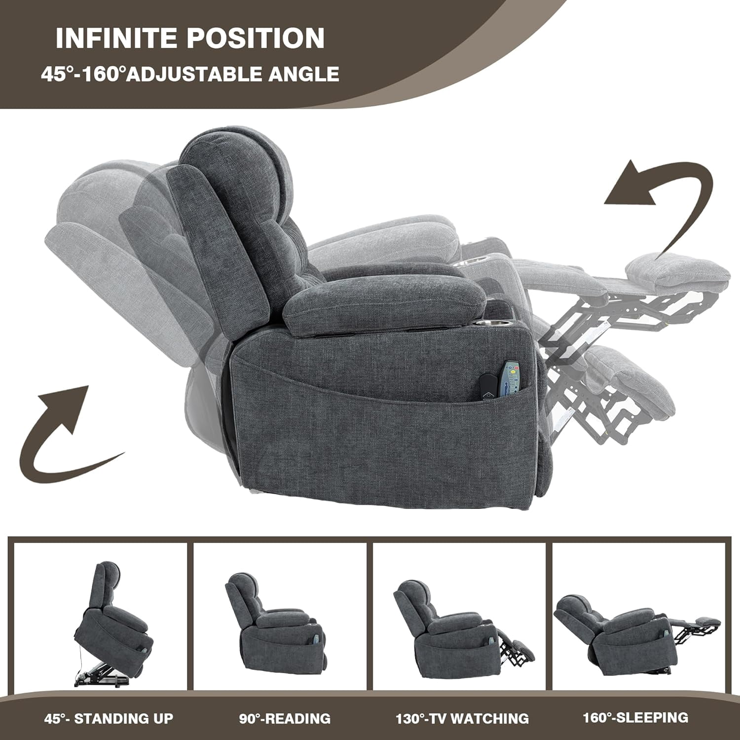 Lift Chair with Heat and Massage, Zero Gravity Lay Flat Recliner with Cup Holders & Adjustable Seat for Adults Living Room Lounge Recliners on Clearance