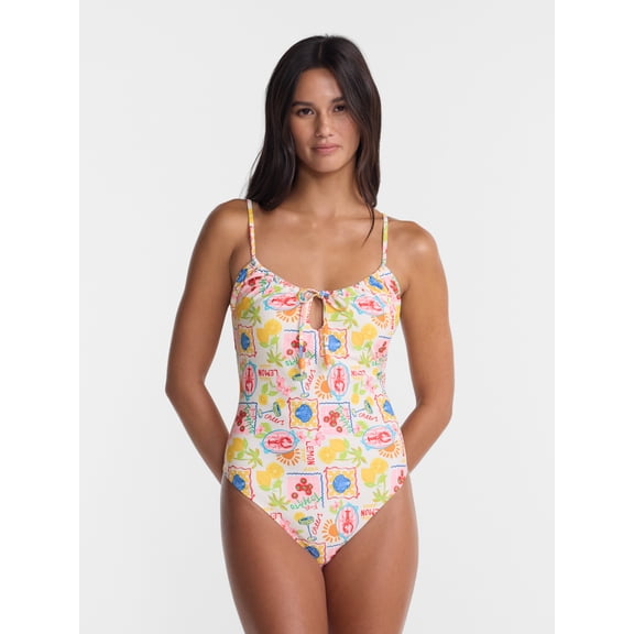 No Boundaries Tie Front Print One Piece Swimsuit, Women's XXS-XXL