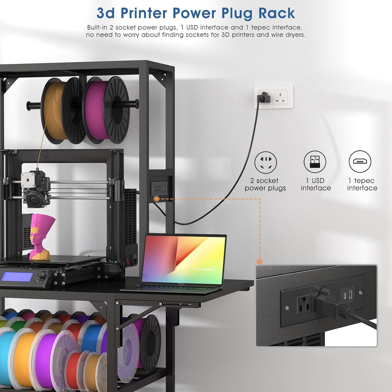 Swing 3D Printer Stand with 4-Wheel & Filament Storage, Heavy Duty Rolling Cart for PLA/ABS/TPU Spools