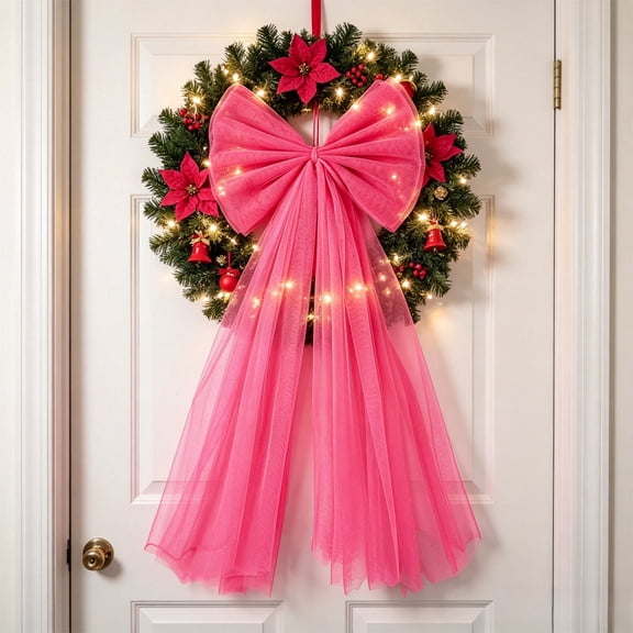 Hovilon Christmas Tree Topper Bow - Hot Pink Snow Lace Mesh Netting Ribbon Large Flowing Decoration for Indoor Holiday Tree, Fireplace Door Wall Winter Xmas Party Home Decor Supplies Polyester