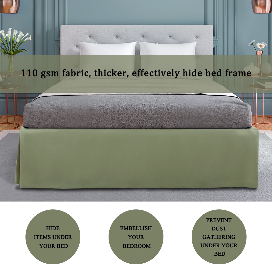 Unique Bargains 16" Drop Pleated Brushed Bed Skirt King Olive Green