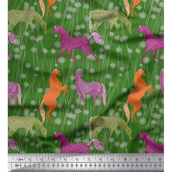 Soimoi Silk Fabric Floral & Horse Animal Decor Fabric Printed Yard 42 Inch Wide