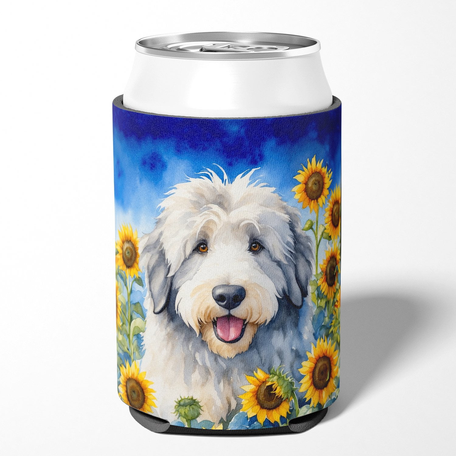 Old English Sheepdog in Sunflowers Can or Bottle Hugger 3 in x 5 in