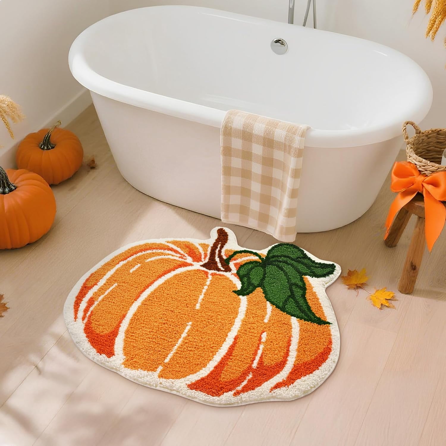 Ikfashoni Fall Bathroom Rug,Orange Pumpkin Bath Mat,Extra Soft Fluffy Absorbent Non-slip Bath Rug,26"x30"