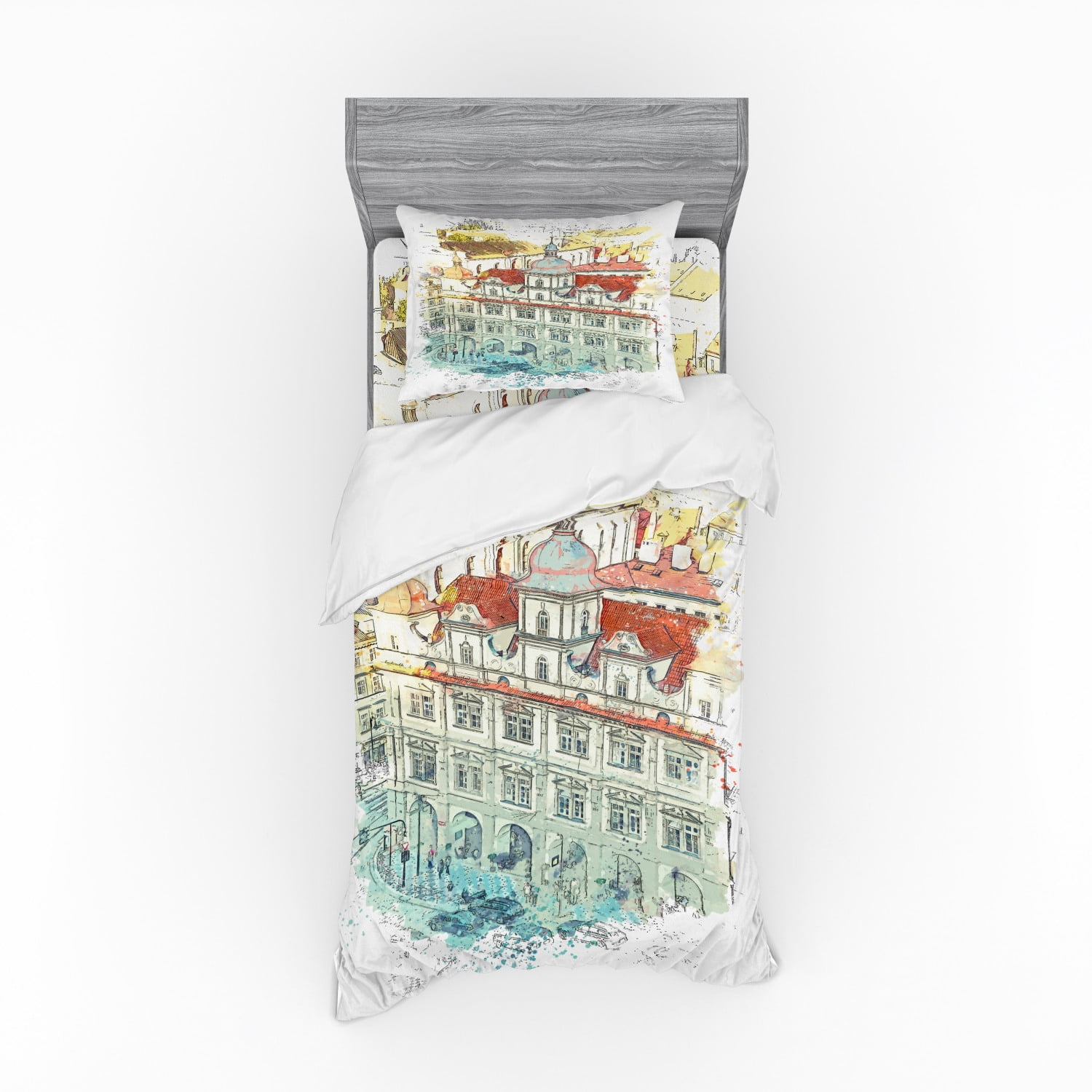 Watercolor Duvet Cover Set, Sketchy Old European Structure in Prague Czech Republic, Bedding Set