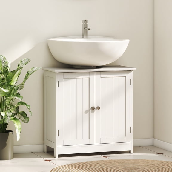 HOMCOM 24" Under Sink Storage Cabinet with 2 Doors and Shelves, Pedestal Sink Bathroom Vanity Furniture, White